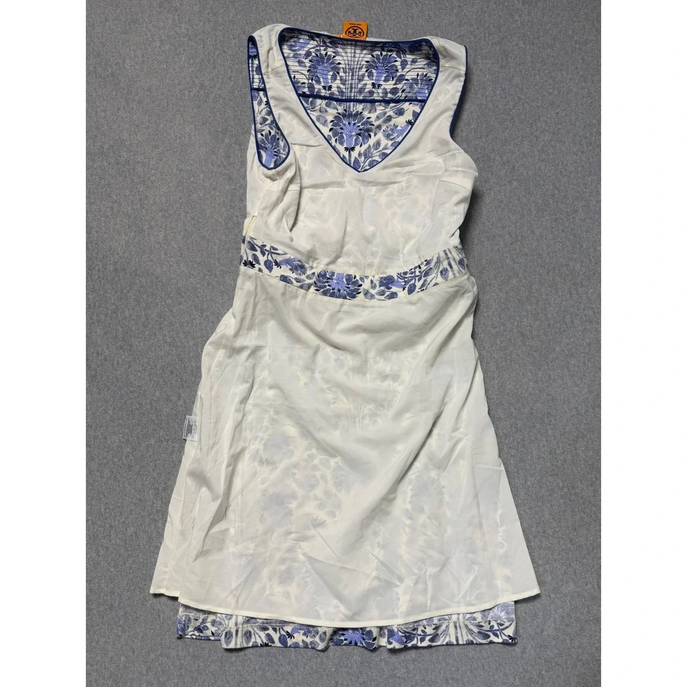 Tory Burch Blue White Floral Silk Sleeveless V-Neck Empire Waist Dress Size M